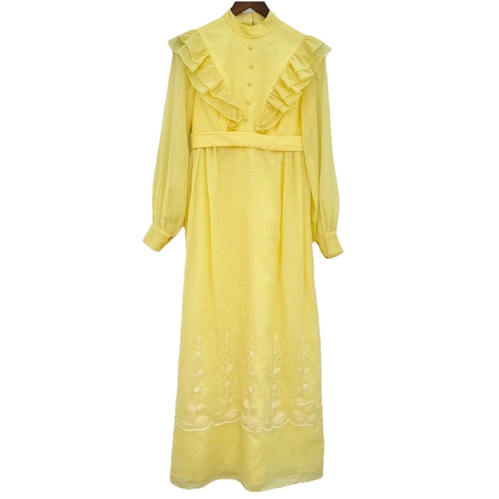 VTG 70's Cottage Core Handmade Swiss Dot Embroided Long Sleeve Prairie Dress Sz6